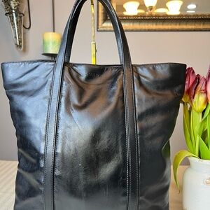 LOEWE Black Lambskin Leather Unisex Tote Shoulder Bag with Top Snap Closure